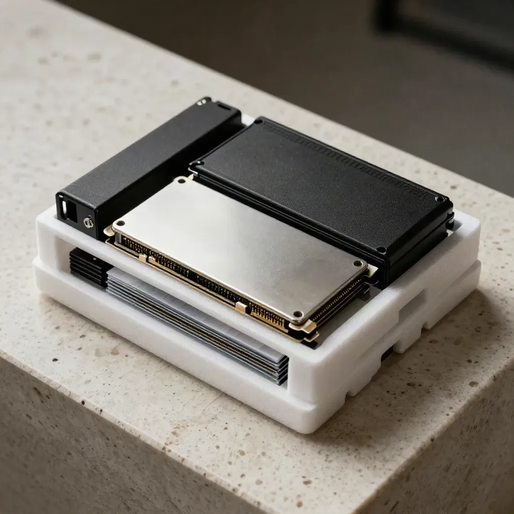 Mirrored SSDs, tape cartridge case and anti-static sleeves on pale stone.