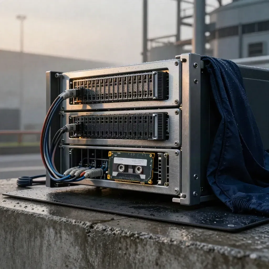 Brushed server chassis, fiber leads, SSD cartridge and tape cassette on wet concrete blocks.