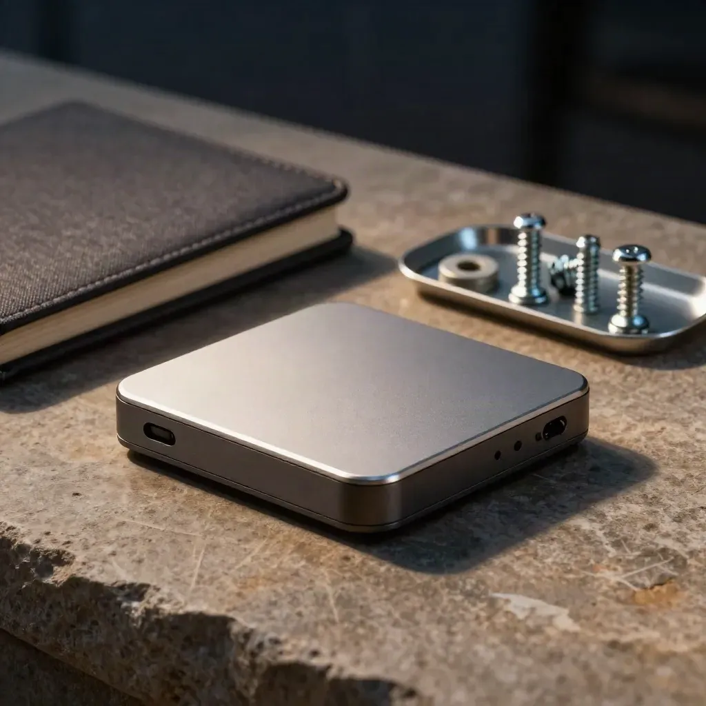 Backup drive, notebook, and screw tray on warm stone in dramatic studio light