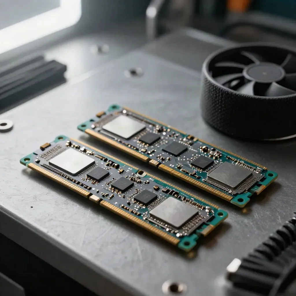 RAM modules, fan shroud, and antistatic wrist strap on brushed metal, seen in extreme macro